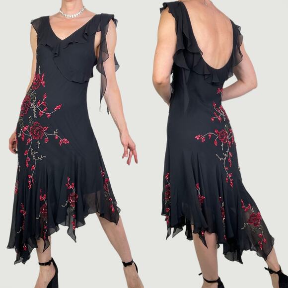Sue Wong beaded sequin rose floral silk dress midi maxi gown prom asymmetrical M - Picture 3 of 15